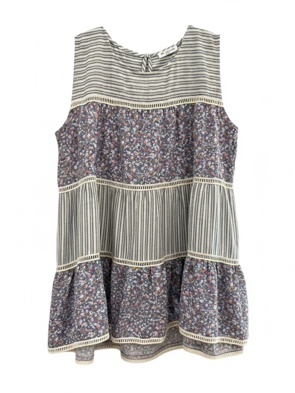 Chicsoul 1X Gray Ivory Mixed Print Sleeveless Tiered Tunic Top